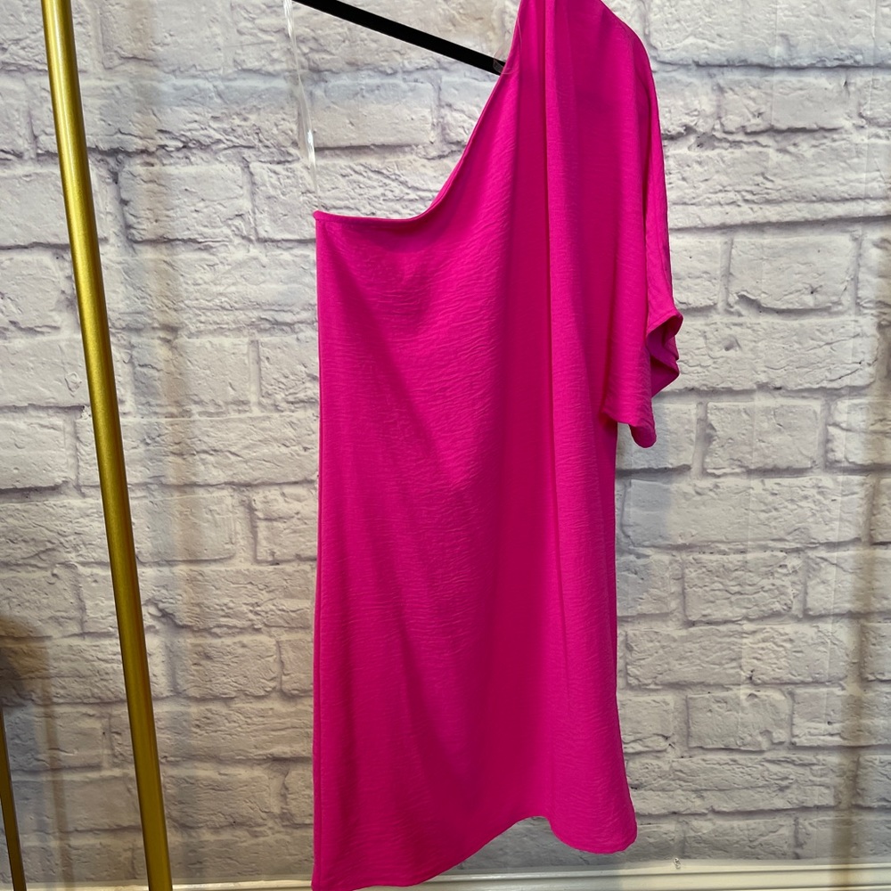 Bright neon pink off the shoulder mini dress